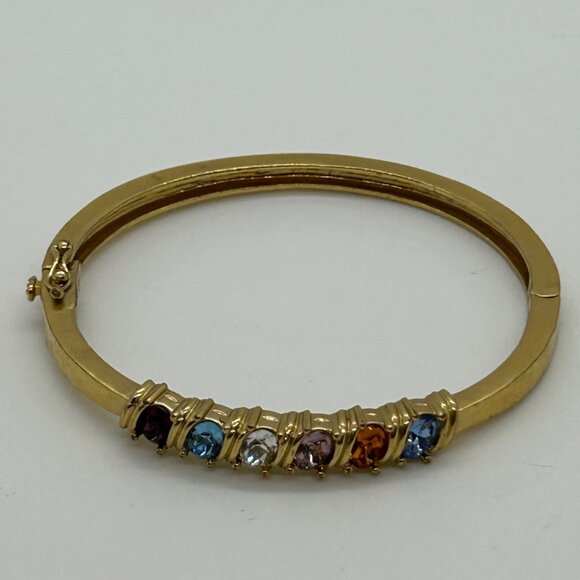 Estate Jewelry - Vintage Gold Tone Bangle Bracelet Rainbow Birthstone Multi-Color Crystals Hinged